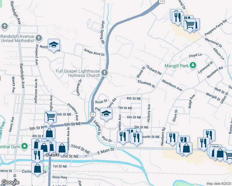 map of restaurants, bars, coffee shops, grocery stores, and more near 705 Peppers Ferry Road in Pulaski