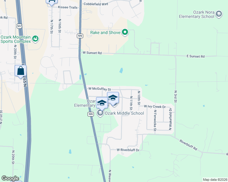 map of restaurants, bars, coffee shops, grocery stores, and more near 1208 McGuffey Street in Ozark