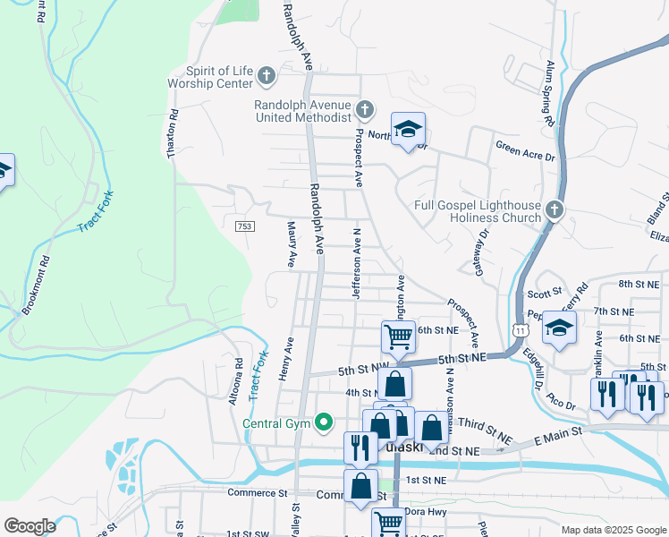map of restaurants, bars, coffee shops, grocery stores, and more near 122 8th Street Northwest in Pulaski