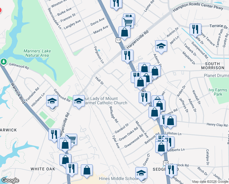map of restaurants, bars, coffee shops, grocery stores, and more near 104 Hull Street in Newport News