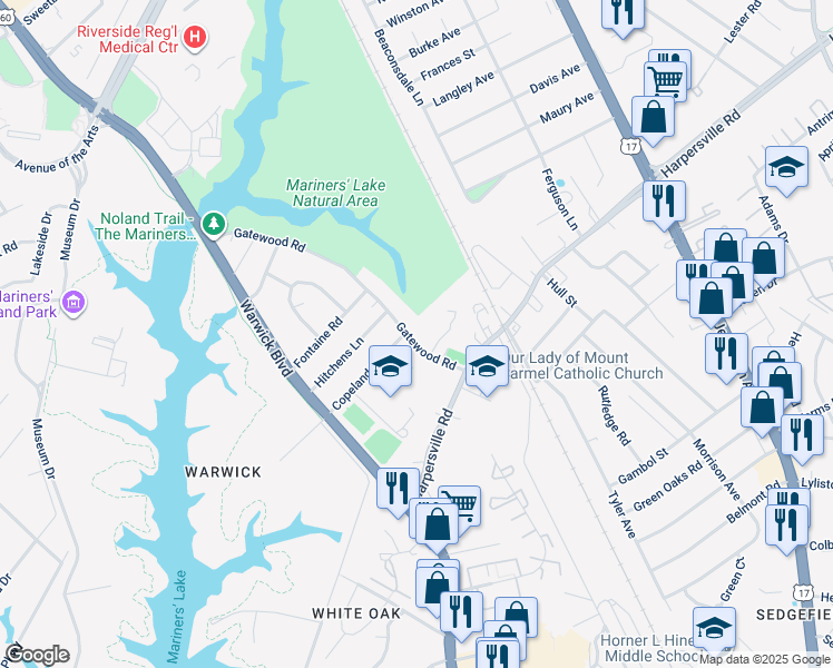 map of restaurants, bars, coffee shops, grocery stores, and more near 1250 Gatewood Road in Newport News