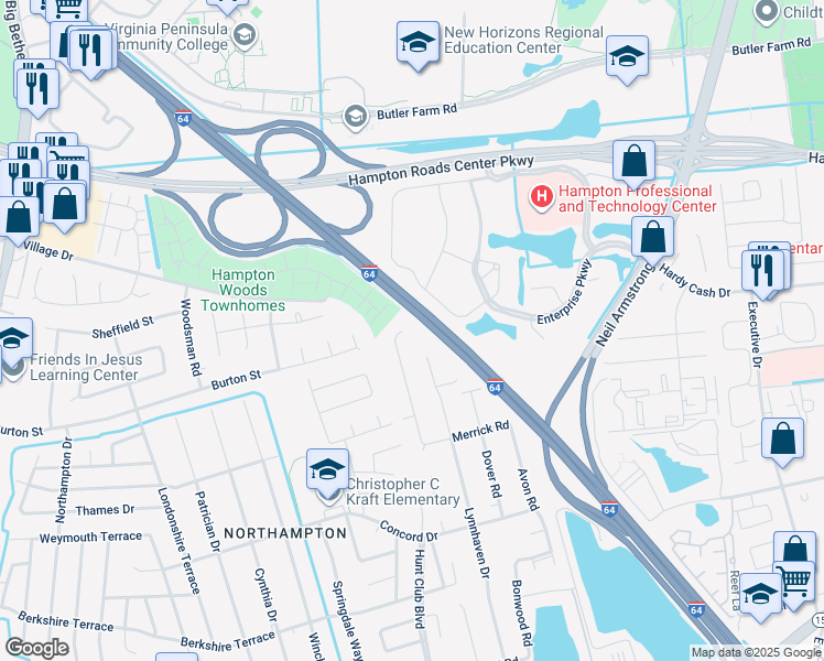 map of restaurants, bars, coffee shops, grocery stores, and more near 344 Bromsgrove Drive in Hampton