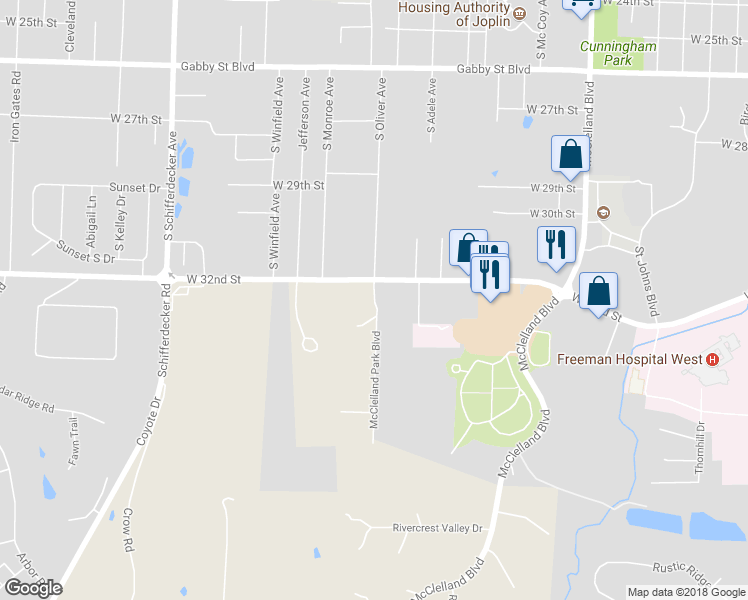map of restaurants, bars, coffee shops, grocery stores, and more near 3512 Oliver Avenue in Joplin