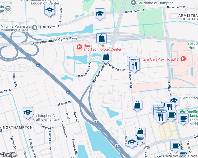 map of restaurants, bars, coffee shops, grocery stores, and more near 64 Terri Sue Court in Hampton