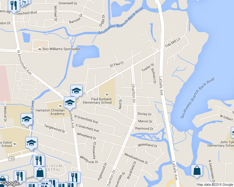 map of restaurants, bars, coffee shops, grocery stores, and more near 114 Bramston Drive in Hampton