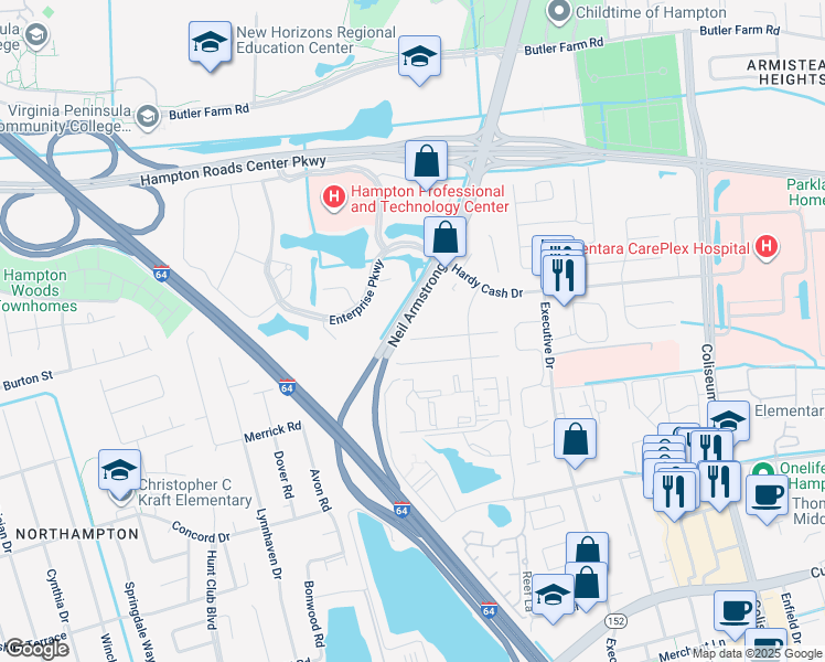 map of restaurants, bars, coffee shops, grocery stores, and more near 68 Terri Sue Court in Hampton