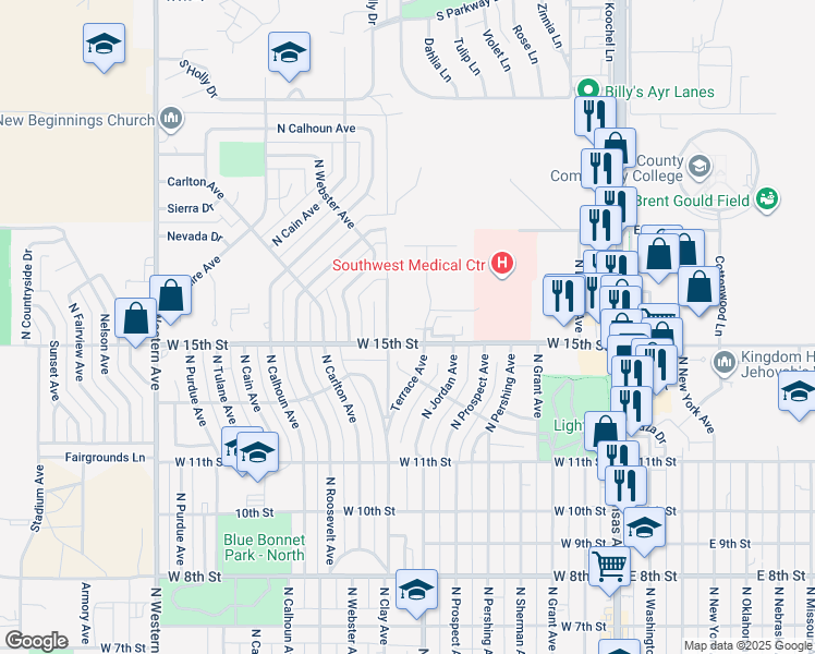 map of restaurants, bars, coffee shops, grocery stores, and more near 1500 Terrace Avenue in Liberal