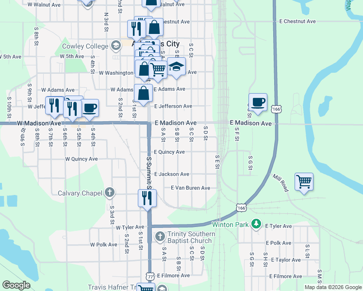 map of restaurants, bars, coffee shops, grocery stores, and more near 721 South B Street in Arkansas City