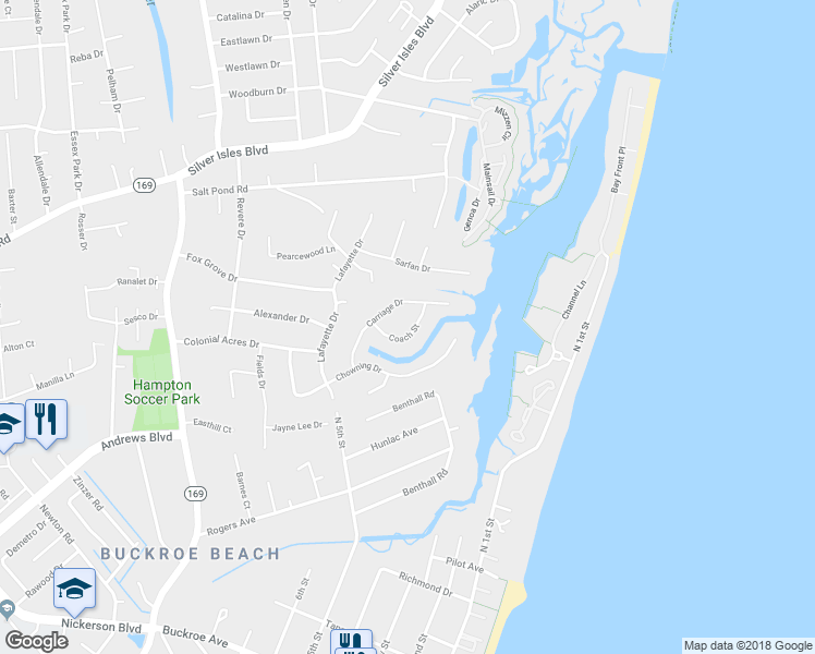 map of restaurants, bars, coffee shops, grocery stores, and more near 11 Coach Street in Hampton