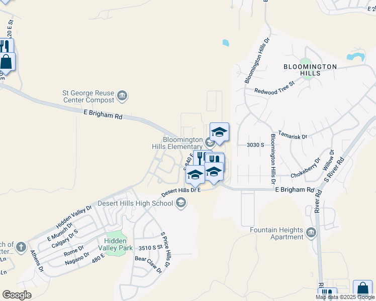 map of restaurants, bars, coffee shops, grocery stores, and more near 3155 South Hidden Valley Drive in St. George