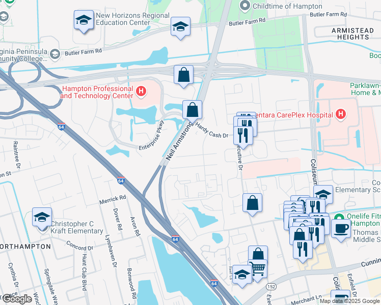 map of restaurants, bars, coffee shops, grocery stores, and more near 30 Terri Sue Court in Hampton