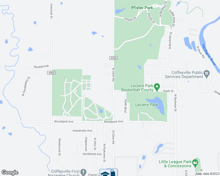 map of restaurants, bars, coffee shops, grocery stores, and more near 1002 North Cline Road in Coffeyville