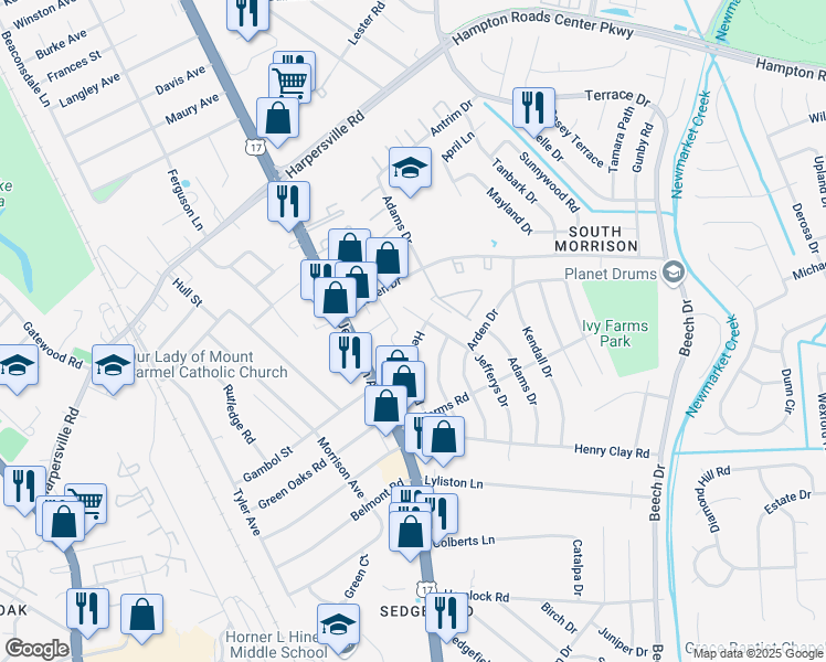 map of restaurants, bars, coffee shops, grocery stores, and more near 100 Tricia Lane in Newport News