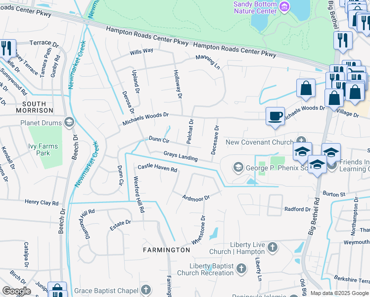 map of restaurants, bars, coffee shops, grocery stores, and more near 5 Pelchat Drive in Hampton