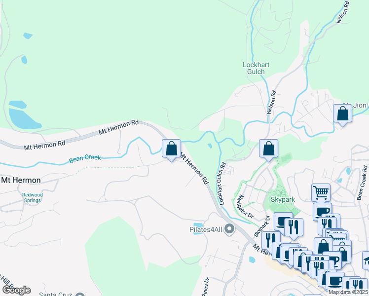 map of restaurants, bars, coffee shops, grocery stores, and more near 1292 Mount Hermon Road in Scotts Valley