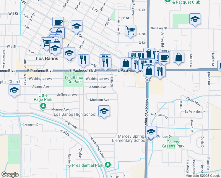 map of restaurants, bars, coffee shops, grocery stores, and more near 1519 South 11th Street in Los Banos