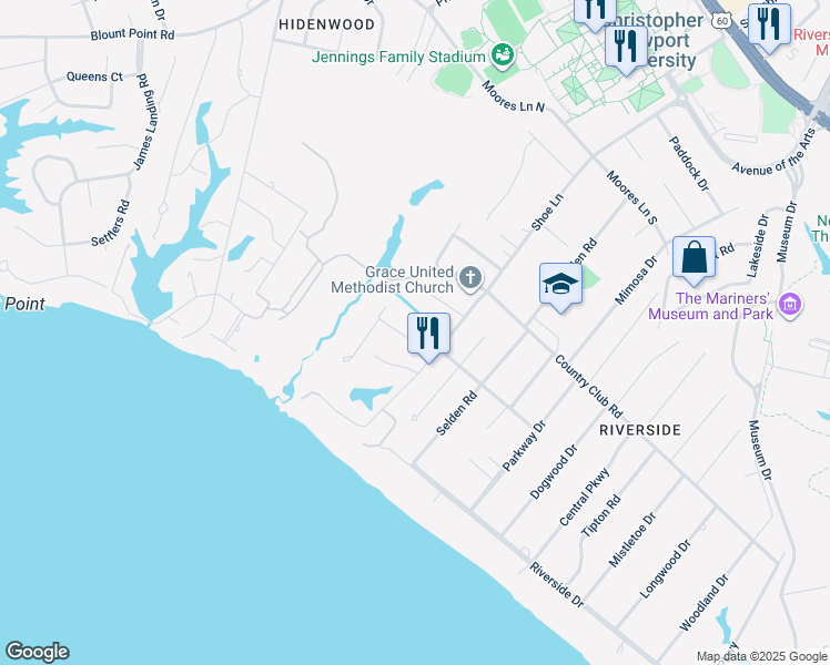 map of restaurants, bars, coffee shops, grocery stores, and more near 24 Spottswood Lane in Newport News