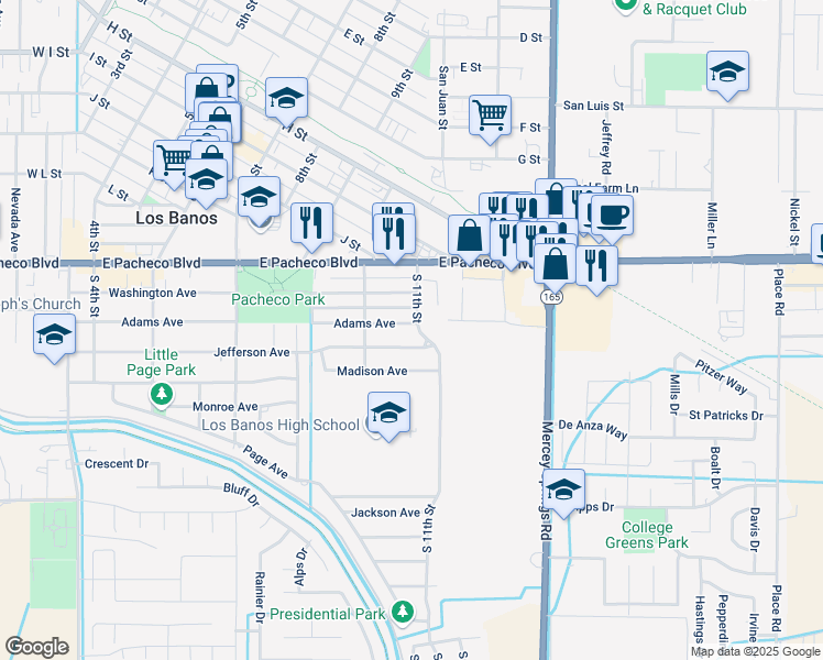 map of restaurants, bars, coffee shops, grocery stores, and more near 1519 South 11th Street in Los Banos