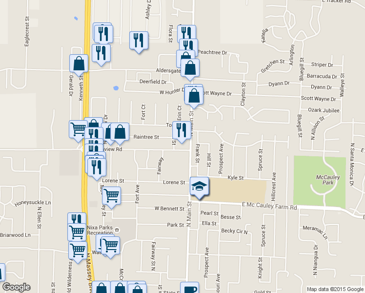 map of restaurants, bars, coffee shops, grocery stores, and more near 807 North Main Street in Nixa