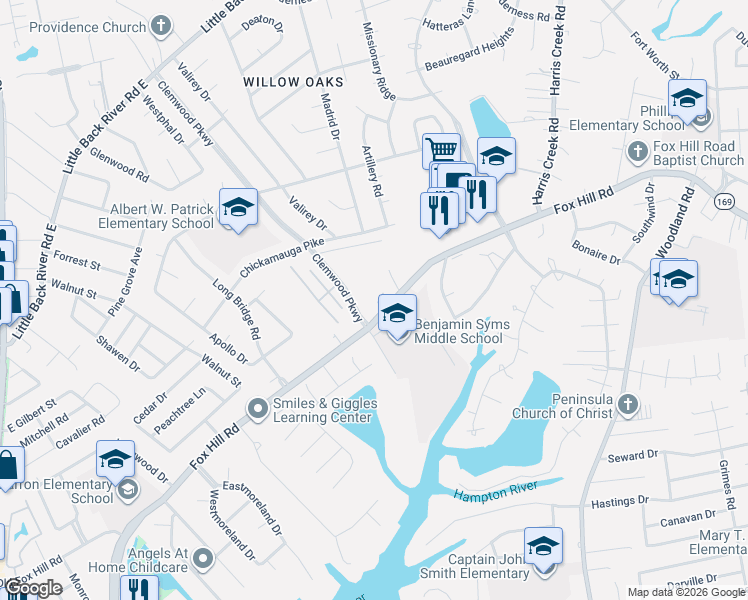 map of restaurants, bars, coffee shops, grocery stores, and more near 299 Clemwood Parkway in Hampton