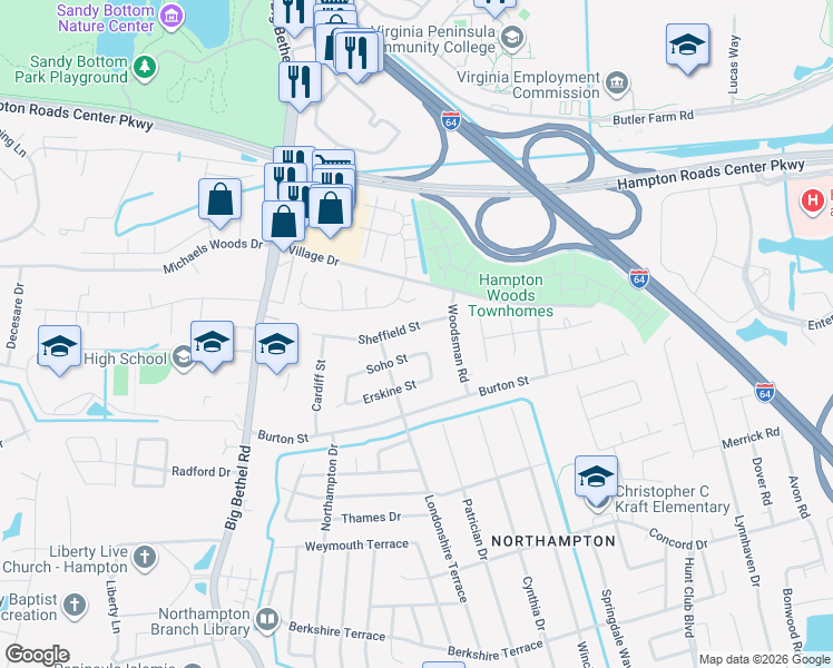 map of restaurants, bars, coffee shops, grocery stores, and more near 702 Soho Street in Hampton