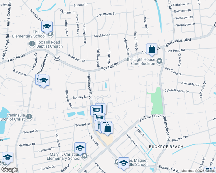 map of restaurants, bars, coffee shops, grocery stores, and more near 28 Eagles Landing in Hampton