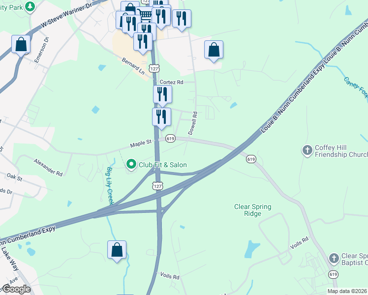 map of restaurants, bars, coffee shops, grocery stores, and more near 25 Burd Road in Russell Springs