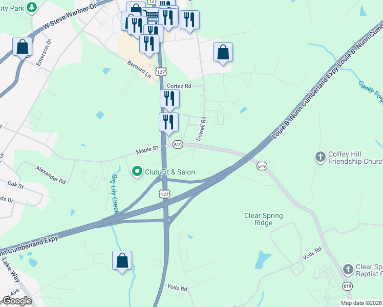 map of restaurants, bars, coffee shops, grocery stores, and more near 25 Burd Road in Russell Springs
