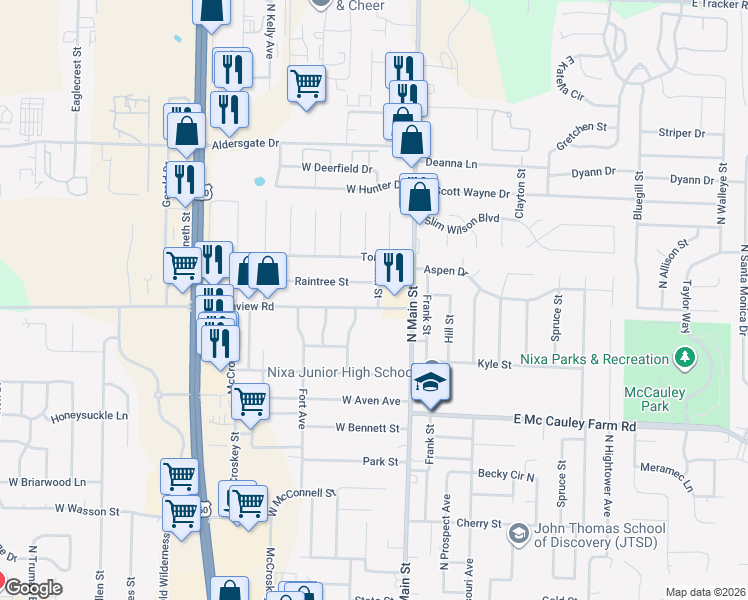 map of restaurants, bars, coffee shops, grocery stores, and more near 807 North Main Street in Nixa