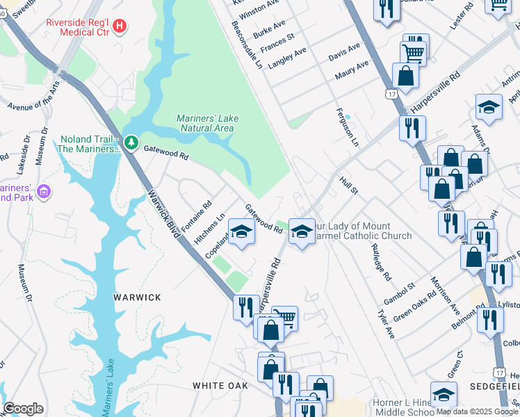 map of restaurants, bars, coffee shops, grocery stores, and more near 1250 Gatewood Road in Newport News