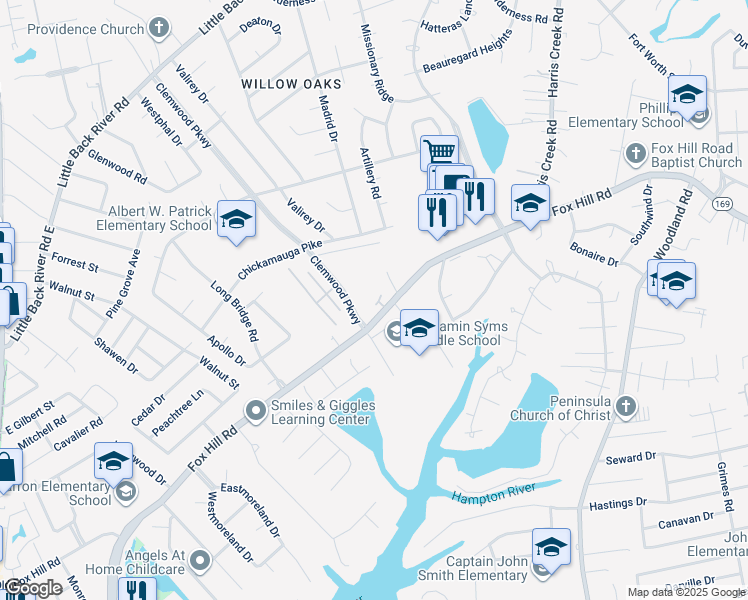 map of restaurants, bars, coffee shops, grocery stores, and more near 18 Colonies Landing in Hampton