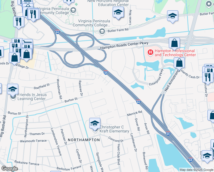 map of restaurants, bars, coffee shops, grocery stores, and more near 25 Madrone Place in Hampton