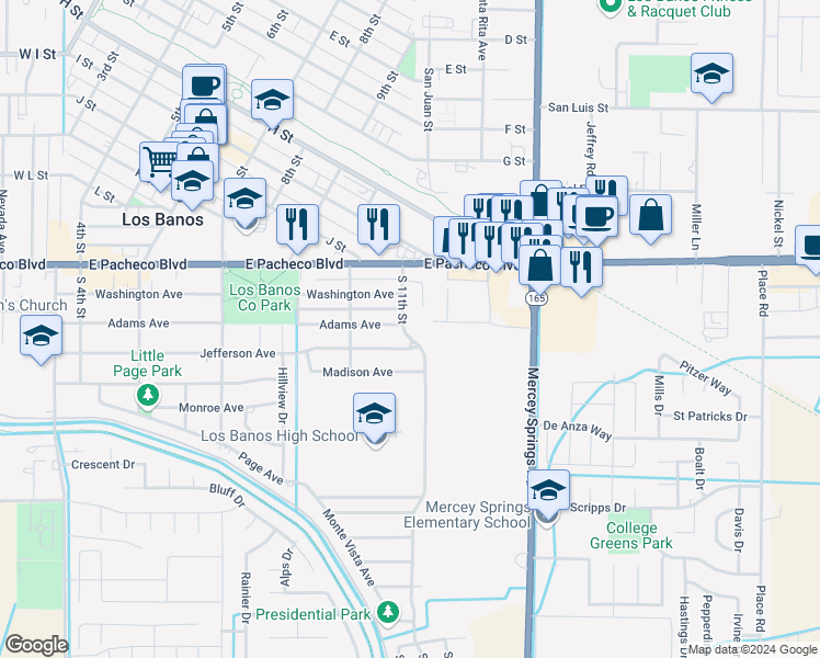 map of restaurants, bars, coffee shops, grocery stores, and more near 1516 South 11th Street in Los Banos