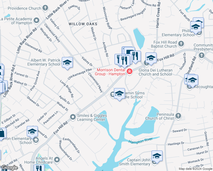 map of restaurants, bars, coffee shops, grocery stores, and more near 18 Colonies Landing in Hampton