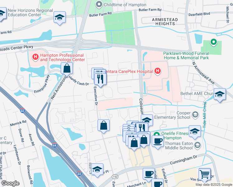 map of restaurants, bars, coffee shops, grocery stores, and more near 1369 Peabody Drive in Hampton