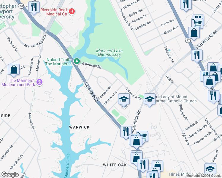 map of restaurants, bars, coffee shops, grocery stores, and more near 36 Hitchens Lane in Newport News