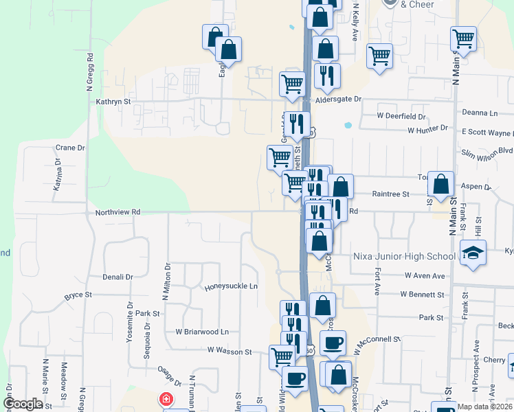map of restaurants, bars, coffee shops, grocery stores, and more near 525 Northview Road in Nixa