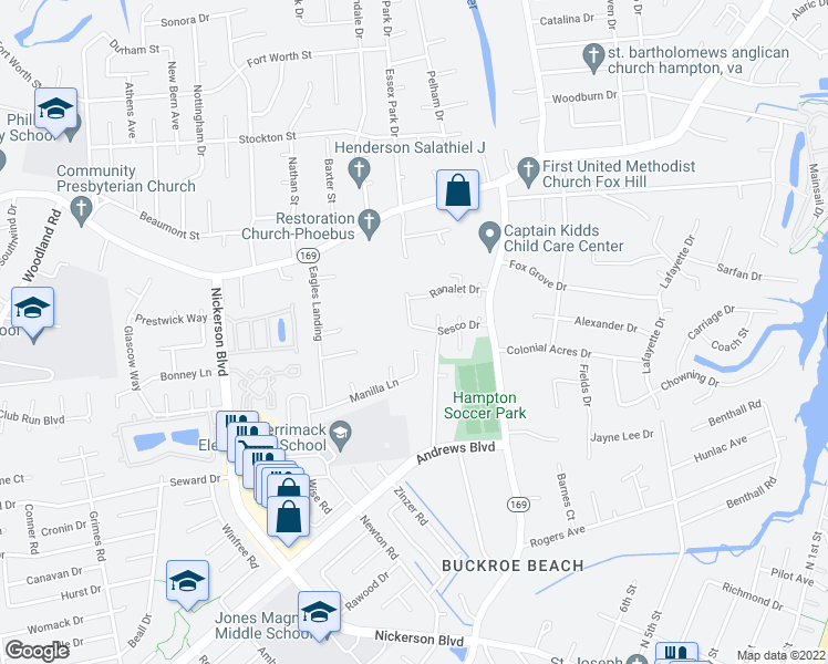 map of restaurants, bars, coffee shops, grocery stores, and more near 237 Sesco Drive in Hampton