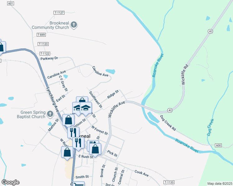 map of restaurants, bars, coffee shops, grocery stores, and more near 109 Ridge Street in Brookneal