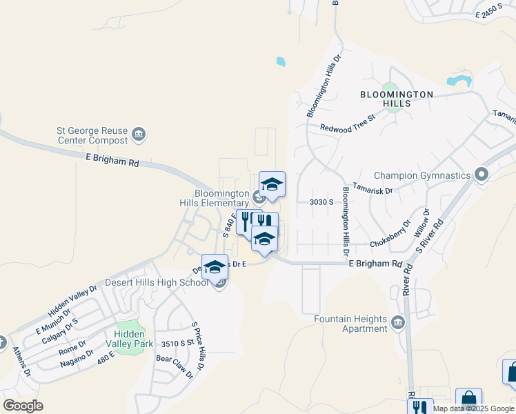 map of restaurants, bars, coffee shops, grocery stores, and more near 919 East Brigham Road in Saint George