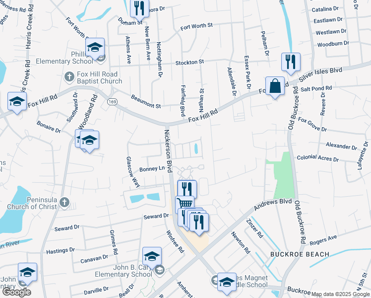 map of restaurants, bars, coffee shops, grocery stores, and more near 18 Bluesage Path in Hampton
