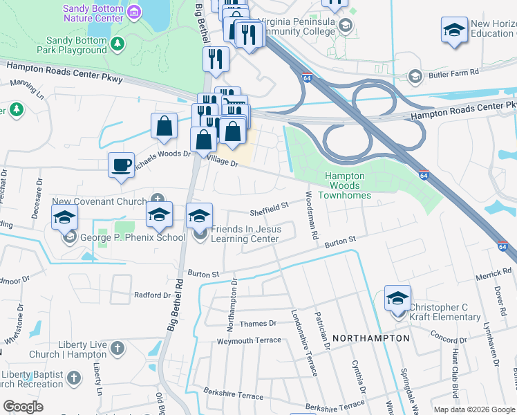 map of restaurants, bars, coffee shops, grocery stores, and more near 823 Sheffield Street in Hampton
