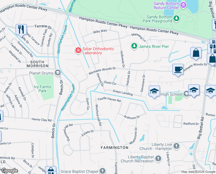 map of restaurants, bars, coffee shops, grocery stores, and more near 123 Grays Landing in Hampton
