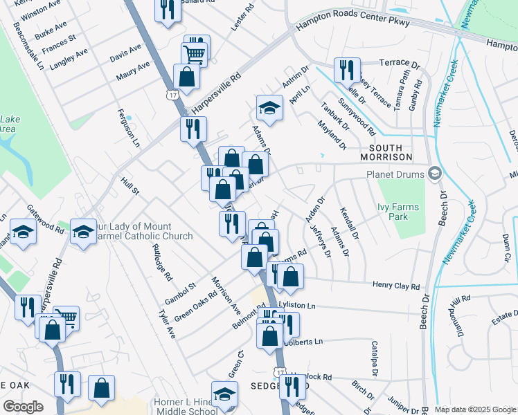 map of restaurants, bars, coffee shops, grocery stores, and more near 100 Tricia Lane in Newport News