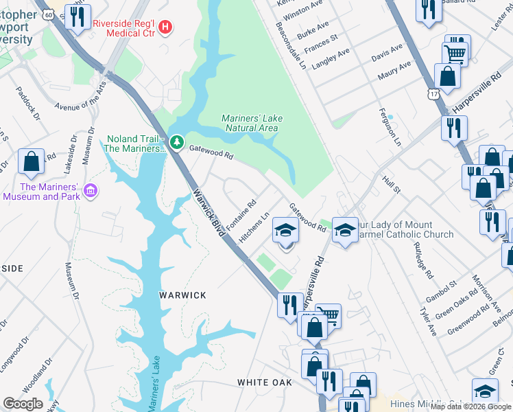 map of restaurants, bars, coffee shops, grocery stores, and more near 36 Hitchens Lane in Newport News