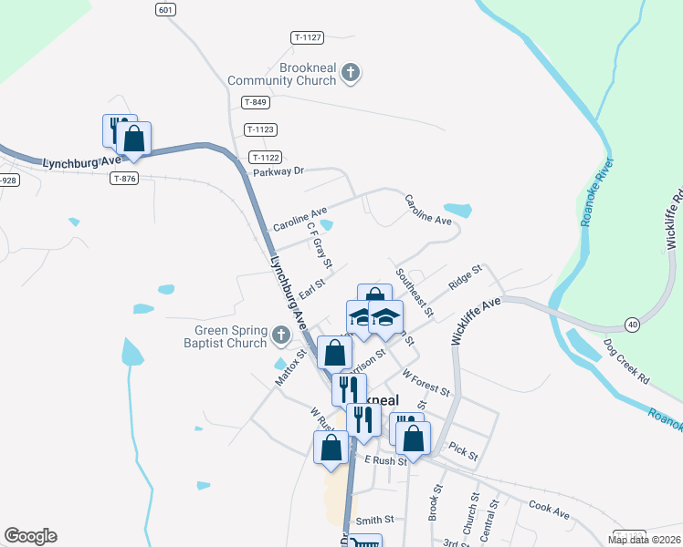 map of restaurants, bars, coffee shops, grocery stores, and more near 200-298 West Forest Street in Brookneal
