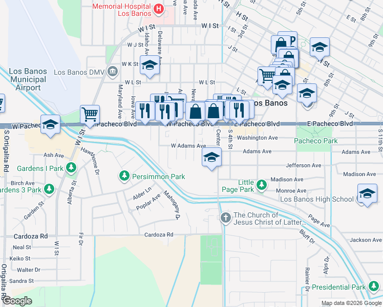 map of restaurants, bars, coffee shops, grocery stores, and more near 1517 South Nevada Avenue in Los Banos