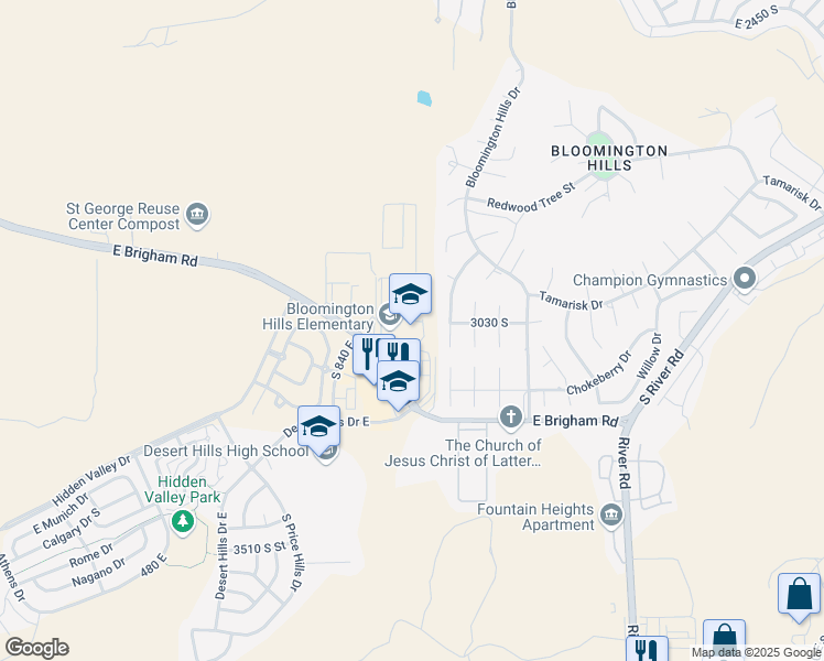 map of restaurants, bars, coffee shops, grocery stores, and more near 919 East Brigham Road in Saint George