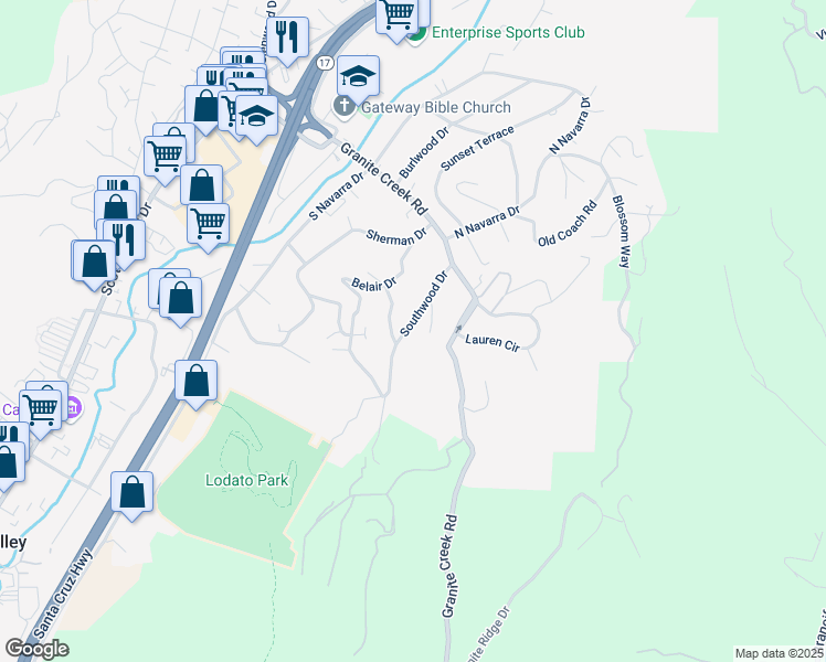 map of restaurants, bars, coffee shops, grocery stores, and more near 115 Southwood Drive in Scotts Valley
