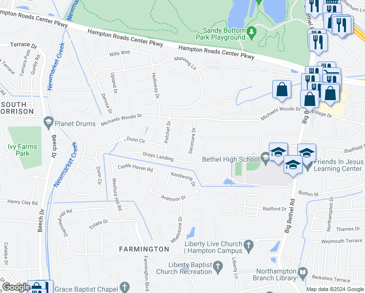 map of restaurants, bars, coffee shops, grocery stores, and more near 2 Dunn Circle in Hampton